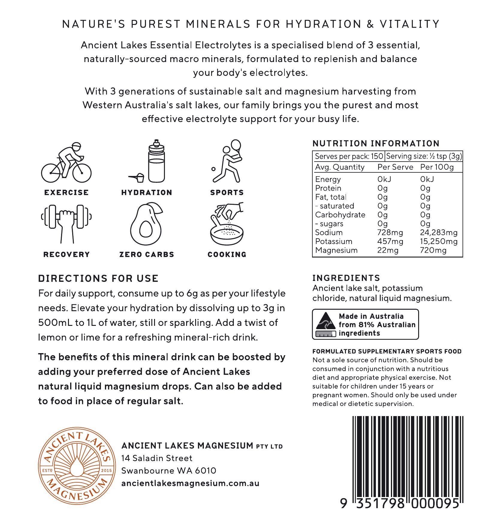 Ancient Lakes Mineral Balance Essential Electrolytes 450gr Ancient Lakes Mineral Balance Essential Electrolytes 450gr